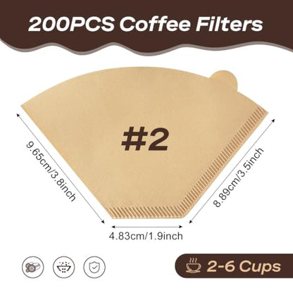 200 Count Coffee Filters #2 Unbleached Natural Paper Fits 2-6 Cup Makers - Reusable, Tear-Resistant