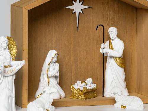 White 12-Piece Nativity Scene Set with Wooden Stable - Religious Holiday Decor