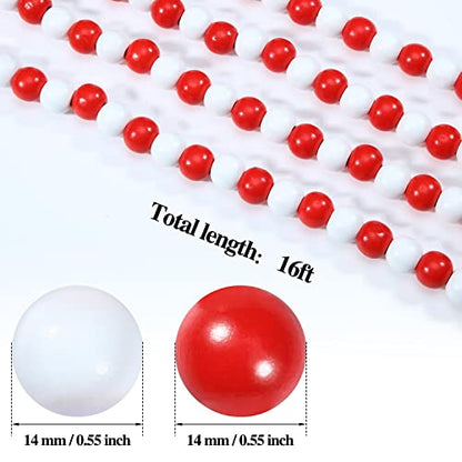Christmas Wood Bead Garland 16 Feet Candy Cane Red & White Decoration