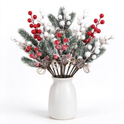 20-Piece Artificial Holly Berry Stems for Holiday Decor - Red & White