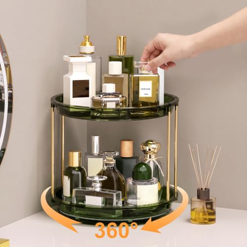 2-Tier Rotating Perfume Organizer Stand Green, Space-Saving Vanity Storage