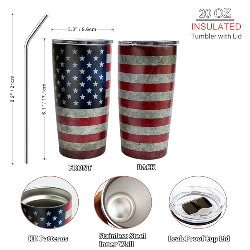 DENNSHH 4th of July Decorations American Flag Independence Day Patriotic Decor Stainless Steel Insulated Tumblers, Memorial Day, Veterans Day, Presidents Election Day Cup Gifts, 20Oz