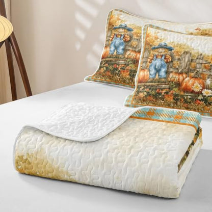 Castle Fairy Fall Scarecrow Quilted Bedspread Set Queen Size Orange Green - 3 Pieces