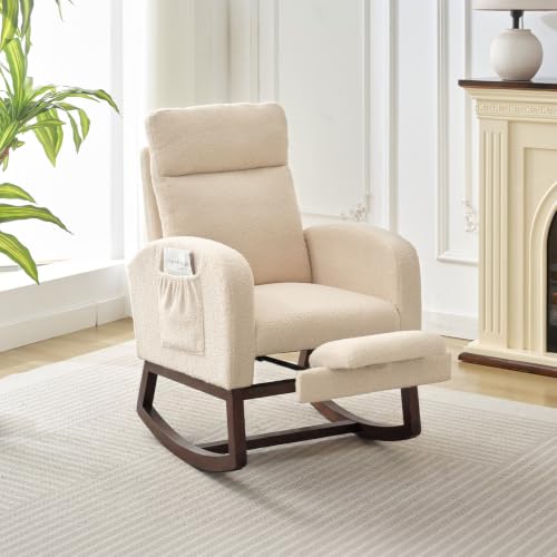 Nursery Rocking Chair with Adjustable Footrest & Side Pocket - Teddy Fleece-Beige