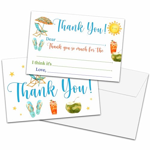 Kids Thank You Cards Fill in the Blank Beach or Bright Pastel Set with Envelopes