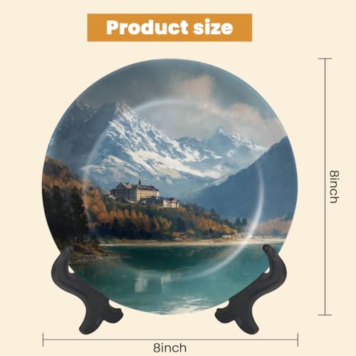 Mountain Lake Switzerland Ceramic Decorative Plate 8x8 Inch with Stand - White Elephant Gift