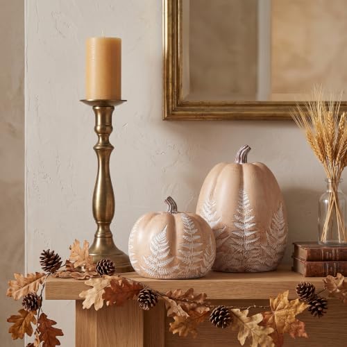 Brown Resin Fall Pumpkins with Leaves Pattern - Rustic Home Decor, Set of 2