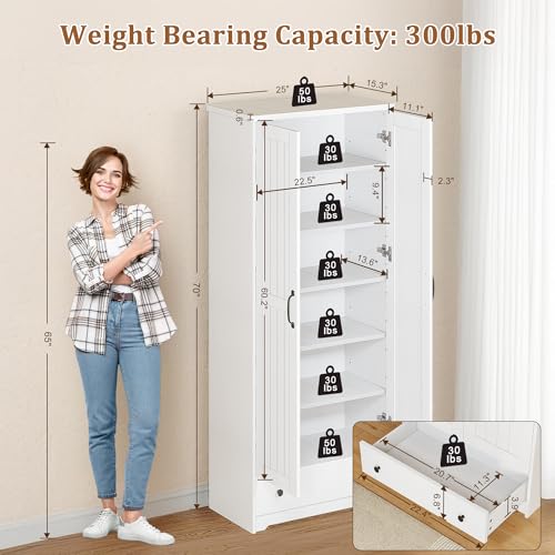 Tall White Storage Cabinet with Adjustable Shelves - 70 Inch Kitchen & Home Pantry