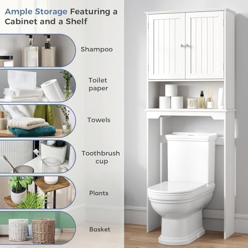 Over Toilet Storage Cabinet with Double Doors - Matte White Bathroom Shelves