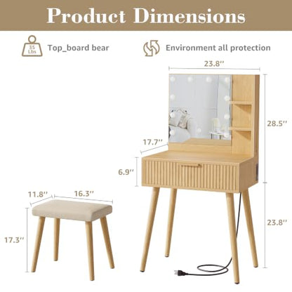 Makeup Vanity Desk with Lights and Stool – 24 inch, 2 Outlets, 2 USB, 10 Bulbs