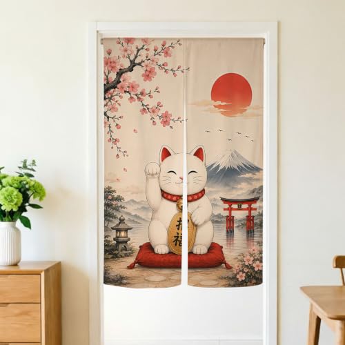 Japanese Lucky Cat Noren Doorway Curtain with Mount Fuji and Cherry Blossom - Red, 33.5 x 59 inches