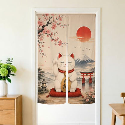 Japanese Lucky Cat Noren Doorway Curtain with Mount Fuji and Cherry Blossom - Red, 33.5 x 59 inches