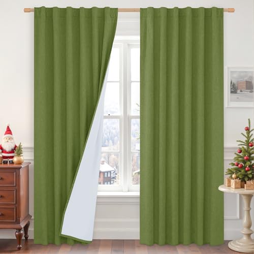 LAMIT Sage Green Blackout Linen Curtains 52W x 84L Pack of 2 - With White Liner