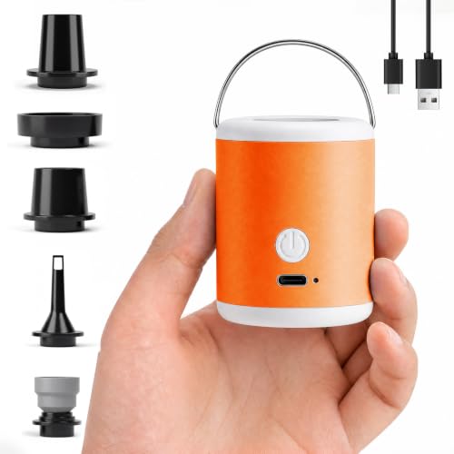Orange Portable Air Pump for Inflatables with Camping Light, Rechargeable Mini Electric Inflator