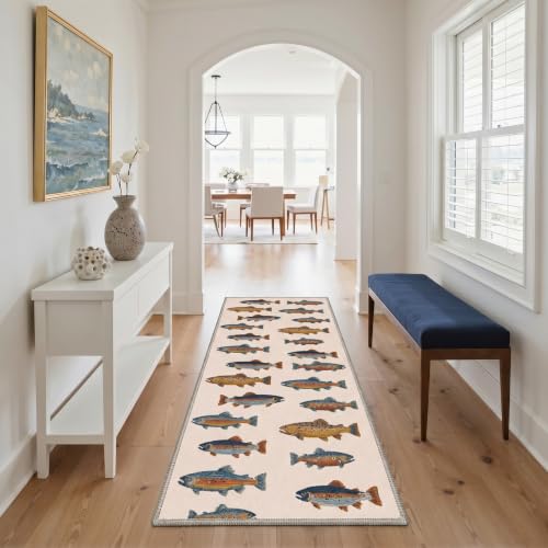 Fishing Runner Rug 2x5ft - Washable Colorful Trout Pattern Floor Mat