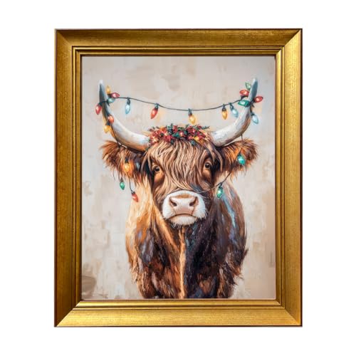 Vintage Highland Cow Christmas Wall Art with Festive Lights Framed Canvas Print - 12x10 Inches