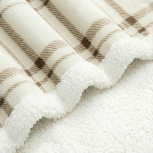 Cream Fleece Sherpa Throw Blanket 60x80 Inches Tattersall Design