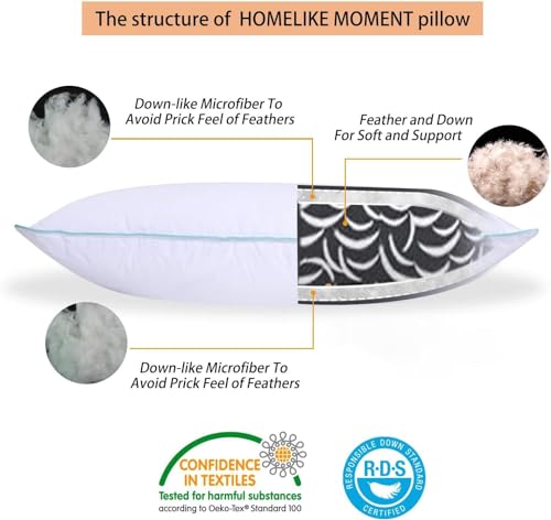 Homelike Moment Down Feather Pillows Standard - 2 Pack Feather Bed Pillows for Sleeping Standard Size Pillow Set of 2 100% Cotton Cover 20x26 Inch