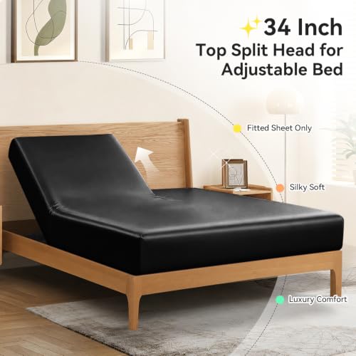 Split Top King Fitted Sheet for Adjustable Beds - Black, Satin, 34 Inch Split
