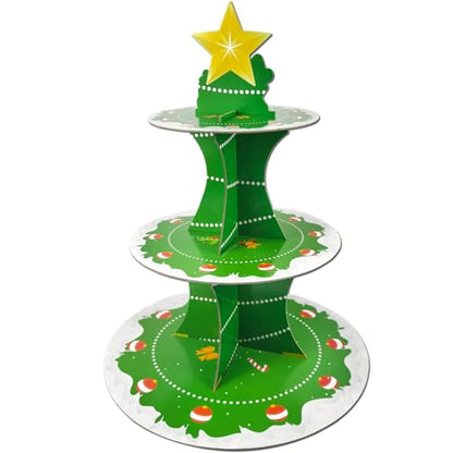 Christmas Dessert Cupcake Stand 3-Tier Green Cardboard Holder for Xmas Parties