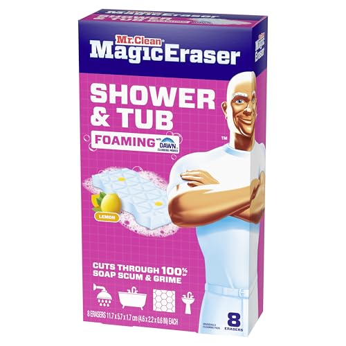 Mr. Clean Magic Eraser Sponge, Bathroom, Shower, Tub Cleaner, Soap Scum Remover, Bathroom Cleaning Supplies, Dawn Cleaning Power with Lemon Scent, Shower & Tub, 8ct