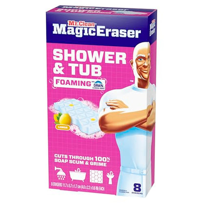 Mr. Clean Magic Eraser Sponge, Bathroom, Shower, Tub Cleaner, Soap Scum Remover, Bathroom Cleaning Supplies, Dawn Cleaning Power with Lemon Scent, Shower & Tub, 8ct