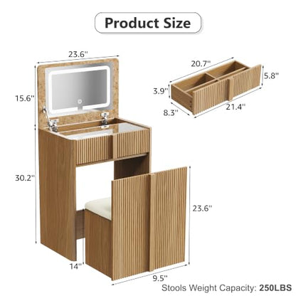 3-in-1 Vanity Desk with Mirror & Lights - Brown Oak (Variation: Brown Oak)