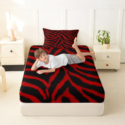 Black Red Zebra Print Fitted Sheet for Twin Bed - Deep 16" Pocket, Kids Bedding