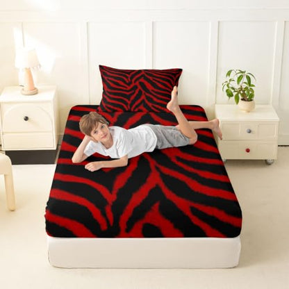 Black Red Zebra Print Fitted Sheet for Twin Bed - Deep 16" Pocket, Kids Bedding