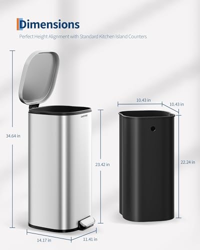 Garvee 8 Gallon Stainless Steel Trash Can with Quiet Close Lid - Silver, Space-Saving