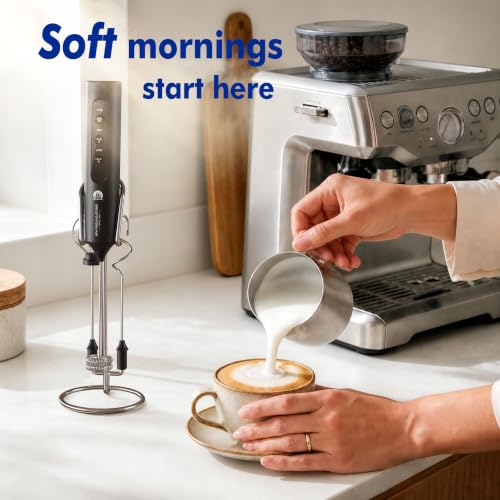 Black Rechargeable Milk Frother with Stand and 4 Whisks – Handheld Mixer for Lattes, Matcha, Eggs & Shakes