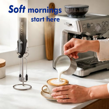 Black Rechargeable Milk Frother with Stand and 4 Whisks – Handheld Mixer for Lattes, Matcha, Eggs & Shakes