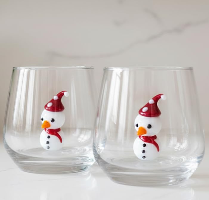 Snowman Glass Cup Set of 2 - 12oz Hand Blown Stemless Christmas Drinkware