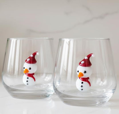 Snowman Glass Cup Set of 2 - 12oz Hand Blown Stemless Christmas Drinkware