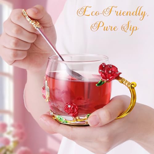 Women Glass Tea Coffee Mug Gift Set - Short Red Butterfly & Flower Design