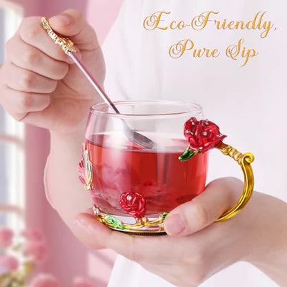 Women Glass Tea Coffee Mug Gift Set - Short Red Butterfly & Flower Design