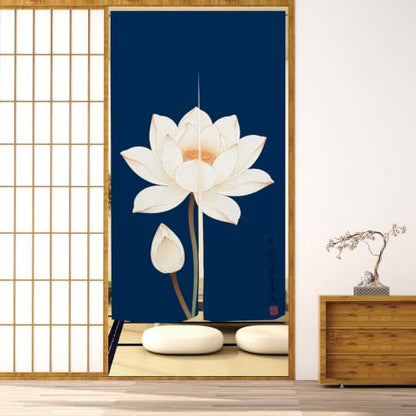 Japanese Noren Doorway Curtain - Lotus Print, Navy Blue/Blue White, 33.5x59 in - Variation: Blue White