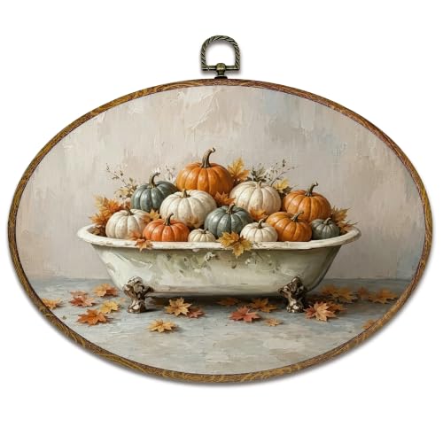 Fall Pumpkin Wall Art Decor - Oval Bathroom Frame, 11.4x8.6 Inch, Thanksgiving