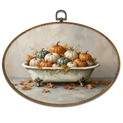 Fall Pumpkin Wall Art Decor - Oval Bathroom Frame, 11.4x8.6 Inch, Thanksgiving