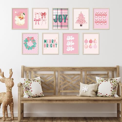 Pink Christmas Wall Art Prints Set - Santa, Tree & Festive Decor, 11 x 14 Inch, 9 Sheets