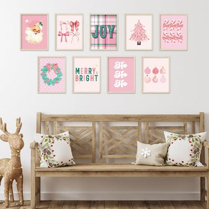 Pink Christmas Wall Art Prints Set - Santa, Tree & Festive Decor, 11 x 14 Inch, 9 Sheets