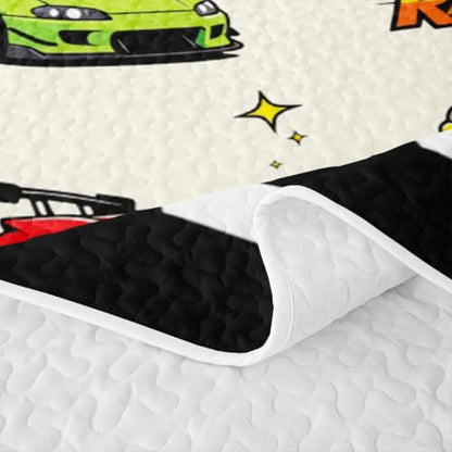 Racing 05 Twin Size Quilted Bedspread Set - Black White Checkered Coverlet with Pillow Sham