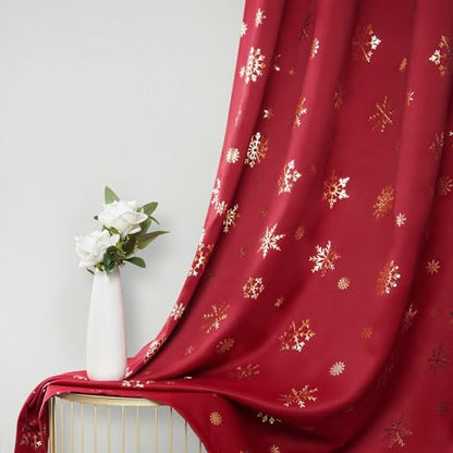 Red Snowflake Foil Print Christmas Curtains Set of 2, 52 x 96 Inches