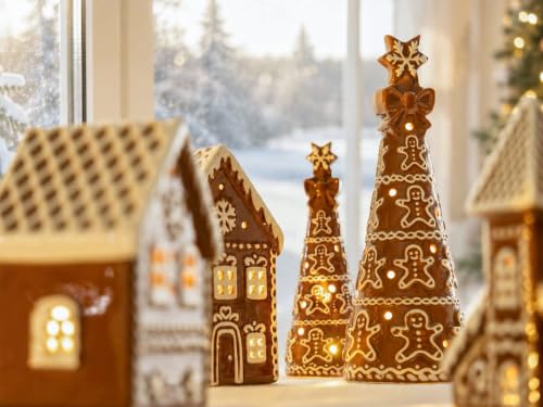 Gingerbread Christmas Decorations Set with Tea Lights - Ceramic Village Scene, Holiday Home Decor