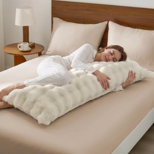 BEDELITE Faux Rabbit Fur Body Pillow Cover 20x54 Solid Cream White Cozy Texture