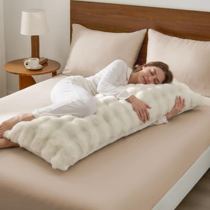 BEDELITE Faux Rabbit Fur Body Pillow Cover 20x54 Solid Cream White Cozy Texture