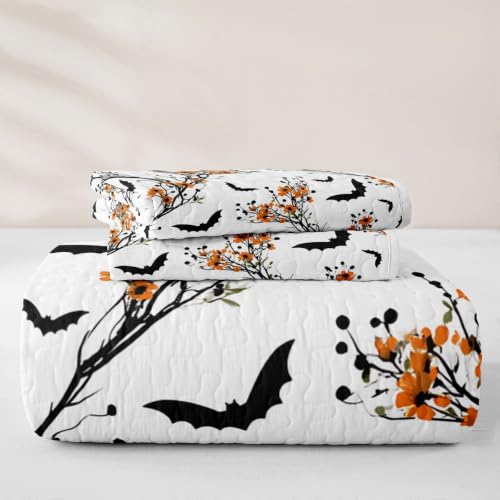 Castle Fairy Halloween Branch Quilt Set Full Size - White Black Orange - Kids Bedroom Decor
