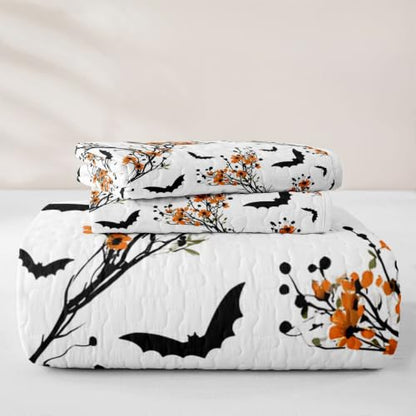 Castle Fairy Halloween Branch Quilt Set Full Size - White Black Orange - Kids Bedroom Decor