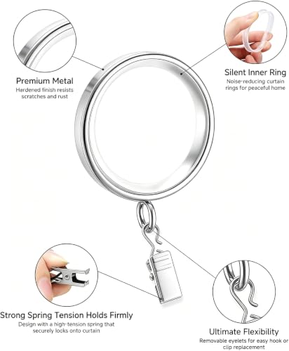 24 Pack Nickel Curtain Rings with Clips - 1-5/8 Inch Diameter