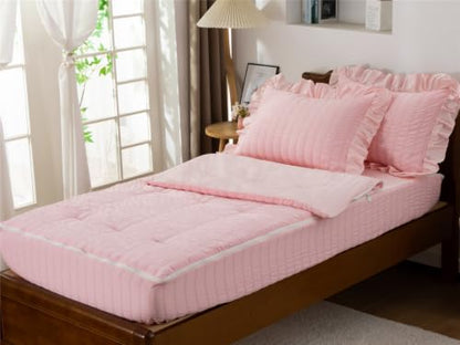 Pink Seersucker Zipper Bedding Set for Girls Twin - Farmhouse Comforter